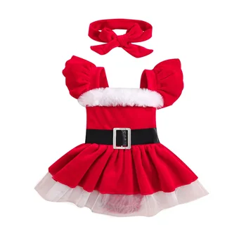 бебе момиче Коледа гащеризон рокля кадифе дълъг ръкав гащеризон гащеризон поли боди с шапка Дядо Коледа бебешки екипировки
