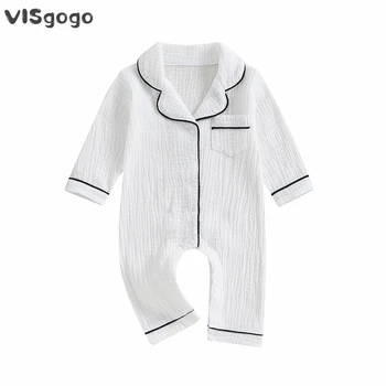 VISgogo Бебе Момчета Момичета Гащеризони Дълъг ръкав ревера яка бутон надолу ританки новородено пижама без крака Домашно облекло