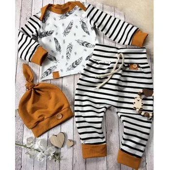 3Pcs комплект Комплекти бебешки дрехи за новородени Есен Зима Памук Бебешки върхове Панталони Шапки Костюми Топло бебешко облекло Костюм за малки деца 0
