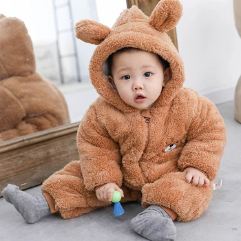Baby Boy Clothes Cute Plush Bear Baby Rompers Autumn Winter Keep Warm Hooded Infant Girls Overall Jumpsuit Newborn Romper 0-18M