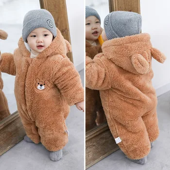 Baby Boy Clothes Cute Plush Bear Baby Rompers Autumn Winter Keep Warm Hooded Infant Girls Overall Jumpsuit Newborn Romper 0-18M 1