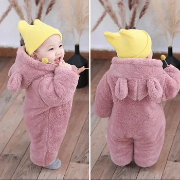 Baby Boy Clothes Cute Plush Bear Baby Rompers Autumn Winter Keep Warm Hooded Infant Girls Overall Jumpsuit Newborn Romper 0-18M 4