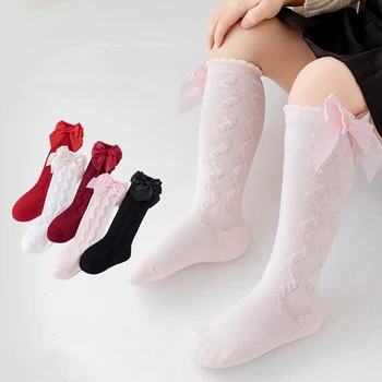 3-12 години Малки деца момичета дълги чорапи плътен цвят сладък Bowknot деца коляното дължина чорапи лято тънък танц чорапи