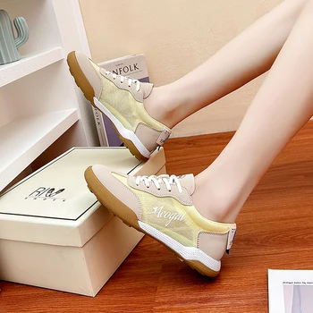Жълти платнени обувки за жени Плоски дишащи жени Голф спортни маратонки Пролет Lady Golfer Спортни обувки за обучение 1