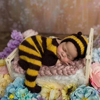 B2EB 2Pcs пчелен костюм бебе гащеризон шапка комплект бебета фото комплект новородено фотография подпори
