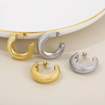 Френски половин кръг от неръждаема стомана Дамски обеци злато сребърен цвят елегантни ивици кухи родословни ухо женски бижута на едро