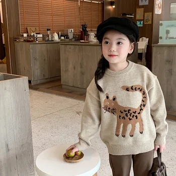 есен зима бебешки момичета пуловери корейски карикатура котки пуловер плетен джъмпер леопард малко дете детски дрехи вълна 3 до 8 години