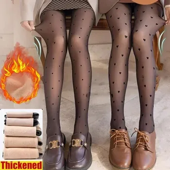 Нови секси черни чорапи жени есен зима топла точка сърце печат чорапогащи чорапогащник плюс кадифе фалшиви полупрозрачни гамаши чорапогащи