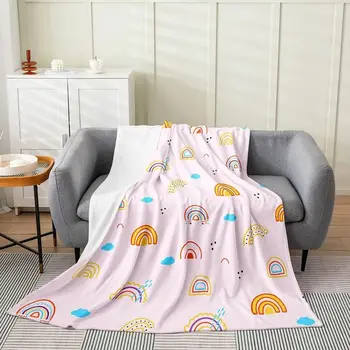 Cute Rainbow Flannel Fleece Throw Blanket,All Season Cartoon Rainbow Print Bed Blanket Rainbow Stick Figure Pink Fuzzy