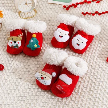 Instagram Детски коледни новогодишни агнешки чорапи от руно Бебешки чорапи Големи червени бебешки неплъзгащи се подови чорапи