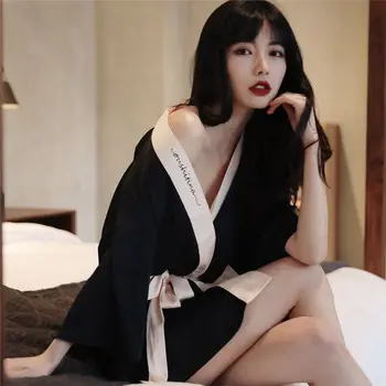 Роба Дамска пижама Домашни дрехи Черно лято Секси спално облекло Fancy Chest Open Nightgown Sexys Спални пуловери Корейска пижама