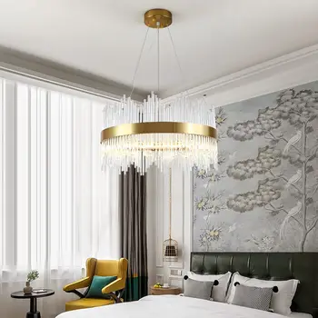 Модерни луксозни висулки светлини от неръждаема стомана кристал кръг LED полилей за спалня хол окачване лампа