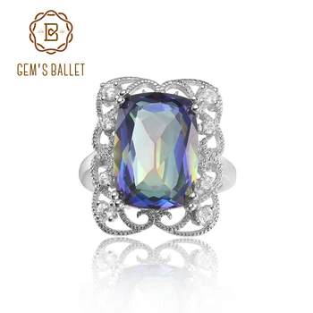 GEM'S BALLET Цветна дантела коктейл пръстен 9.66Ct 10x14mm възглавница огромен мистичен топаз изявление пръстен в стерлинги сребърен подарък за нея