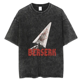 Хип-хоп улично облекло Мъже измити реколта черна тениска Berserk аниме графичен извънгабаритни тениска лято случайни хлабав памук T риза