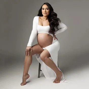 Sides цепка майчинство фотосесия рокля пълен ръкав разтеглив бременност фотография дълга рокля показване корема