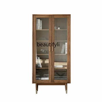 Nordic масивна дървена библиотека стъкло дисплей комбинация проучване хол модерен минималистичен черен орех мебели