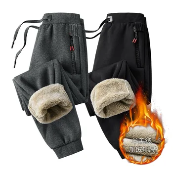 Зима плюс кадифе удебелени спортни панталони мъжки агнешко кашмир хлабав случайни панталони букет крака топло охрана панталони