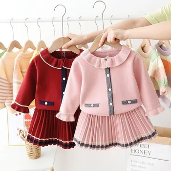 бебе - момиче Топъл плетен пуловер Комплект есен/зима момиче Bowknot сладък пуловер момиче плътен цвят трикотаж + пола 2-парче комплект