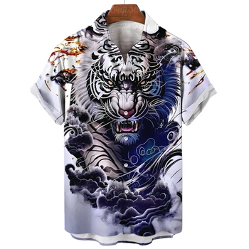 Domineering Tiger графични ризи за мъже дрехи пънк котка животно 3D отпечатани блузи хавайски улично облекло ревера блуза бутон върховете