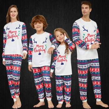 Майка-деца бебе семейство изглежда съвпадение костюми Коледа лосове писмо реколта печат Коледа пижама за цялото семейство домашно облекло