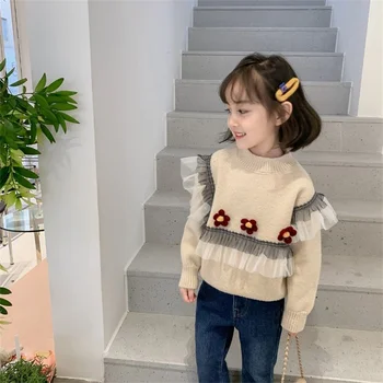 момичета принцеса флорални пуловери детски дантела стил детски пуловер момичета бебе есен зима дебели топли плетени пуловер облекло