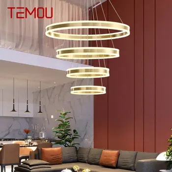 TEMOU Съвременен пръстен месинг висулка лампа LED 3 цвята медни полилей светлини декор за дома