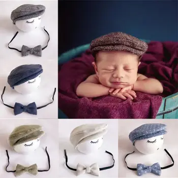 Нов 1Set плетене на една кука бебешка детска шапка и вратовръзка Ръчно изработени новородено фотография подпори бебе капачка Beanie бебе папийонка комплект