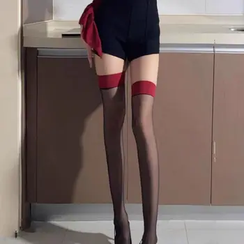 50-90KG Плюс размер жени Топ чорапи JK костюми секси бедрото дълго високо запас Лолита момичета прозрачни над коляното червен широк ръб 0
