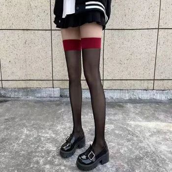 50-90KG Плюс размер жени Топ чорапи JK костюми секси бедрото дълго високо запас Лолита момичета прозрачни над коляното червен широк ръб 4