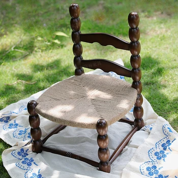 Средновековен френски тъкан конопено въже детски стол реколта орех цвят кратунка въже стол дневник ръчно тъкани.