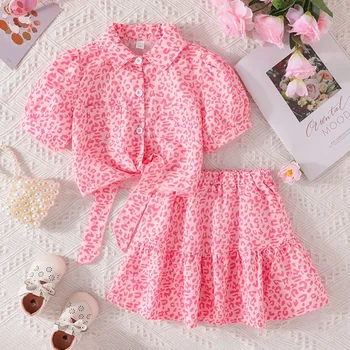 Комплект дрехи за бебе дете момиче 3-8 години къс ръкав карикатура розова пантера цвят малък бутон блуза пола лято облекло