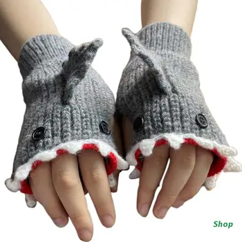 L5YC сензорен екран половин пръст ръкавици жени трикотажни ръкавици мода карикатура акула ръкавица