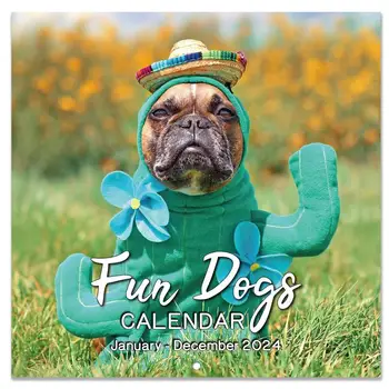 Fun Dog Месечен стенен календар 2024 Забавен висящ хартиен календар за дома Всекидневна Спалня Нова година декор