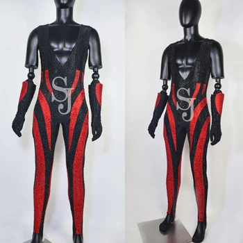 Мускулест човек Пол Денс облекло Червен Черни кристали Гащеризон Секси Гого танцьорски костюми Ds Dj Сценично облекло Rave Wear XS7487