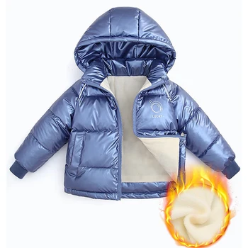 Glossy Cartoon Hooded Down Jackets Kids Boys Winter Plush Velvet Warm Outerwear Girls Baby Coat Children Leisure Sport Clothes