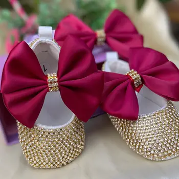 Dollbling X-max подарък бебешки обувки лента за глава комплект луксозен диамант Свети Валентин червено дъно малко момиче кристали блясък обувки