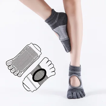 Жени йога чорапи памук нехлъзгащи силиконови спортни чорапи балет пилатес сцепление ниско глезена чорап пет чорапи пръстите на краката пълен пръст чорапи 0