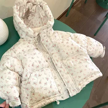 2024 Зимни детски подплънки якета за момичета Детски Hoodied флорални памучни подплатени палто Детски дрехи на открито Бебета Връхни дрехи