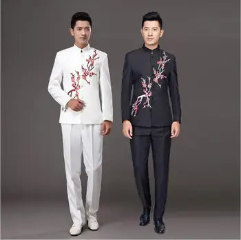 Бял черен Костюми сливов цвят Zhongshan костюми яке + панталони изпълнение костюм мъжки домакин певец облекло хор сцена костюм