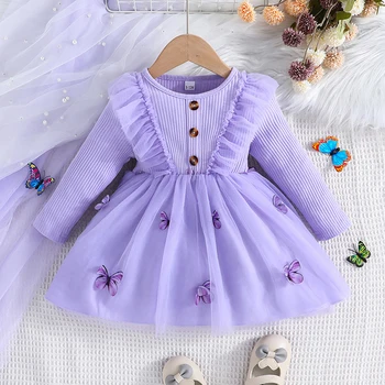RWYBEYW малко дете бебе момиче тюл Tutu рокля дълъг ръкав лилаво къдрици пеперуда печат принцеса рокли рожден ден парти рокля