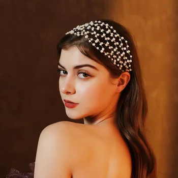 Модни дамски ръчно изработени перлени мрежи лента за глава булка парти шапки