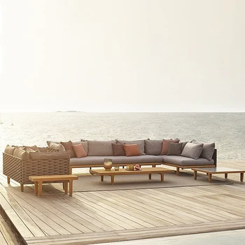 Nordic открит диван тиково вино вила отдих комбинация ратан стол масивно дърво открит градина двор модел стая мебели