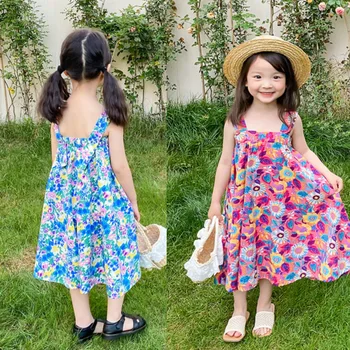 Детско облекло Лято Нов печат Цвете Сладка флорална регулируема рокля за момичета Флорална принцеса рокля Детска ежедневна рокля 0