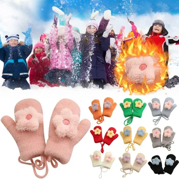 Топли ръкавици за деца Зимни нови плетени плюшени карикатура цвете сладък детски ръкавици пръст плюшени ръкавици