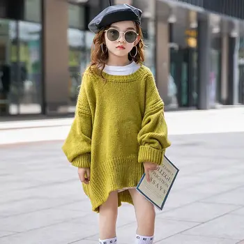 момичета пуловер есен 2023 нов корейски стил детски плътен цвят хлабав плетена риза среден размер детски отгоре