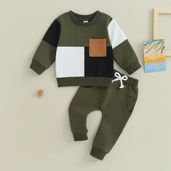 Baby Boy 2 парче екипировки контрастен цвят дълъг ръкав суитчър и еластични панталони за малко дете есен анцуг 0