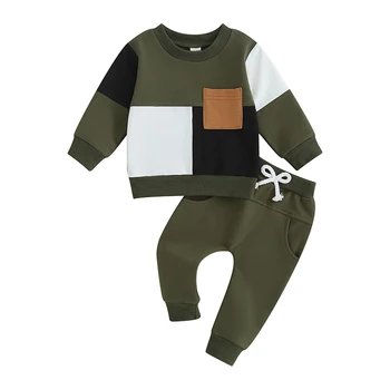 Baby Boy 2 парче екипировки контрастен цвят дълъг ръкав суитчър и еластични панталони за малко дете есен анцуг 1