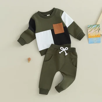 Baby Boy 2 парче екипировки контрастен цвят дълъг ръкав суитчър и еластични панталони за малко дете есен анцуг 3