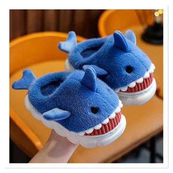 Детски памучни чехли, момчета и момичета сладки анимационни пантофки от акули, есен и зима домакинство на закрито бебе дебела подметка